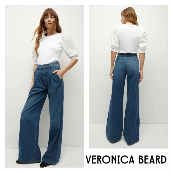 New! VERONICA BEARD Mia Pleated High Waist Wide Leg Jeans - Picture 3 of 11